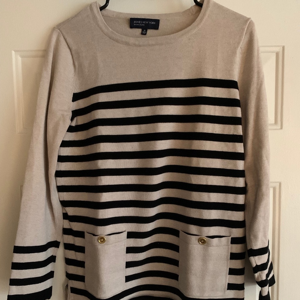 Jones NY | Black + off white striped sweater | M